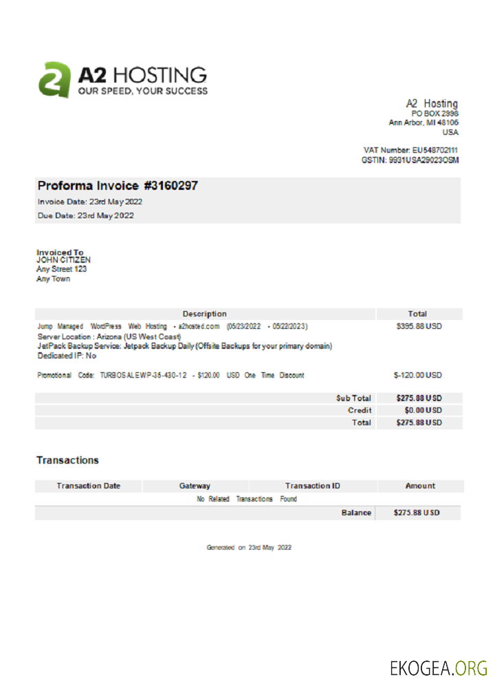 Facture d'hébergement USA A2